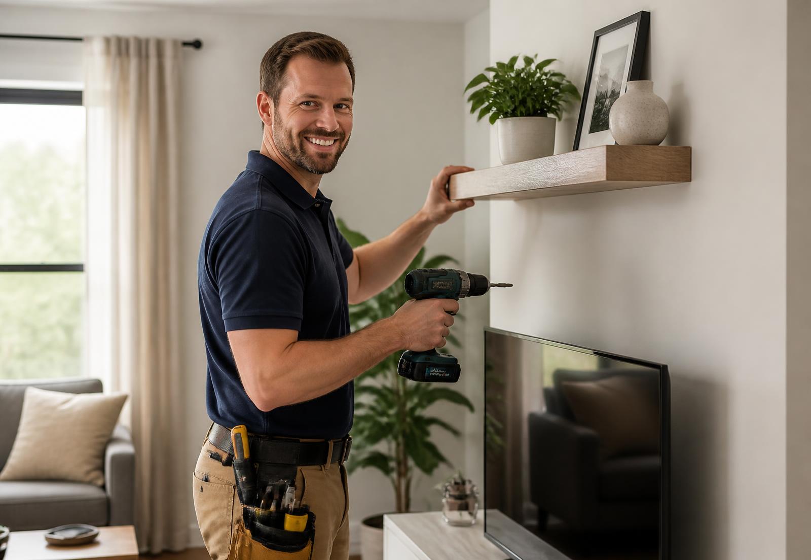 Handyman fitting a wooden shelf in a bright modern living room